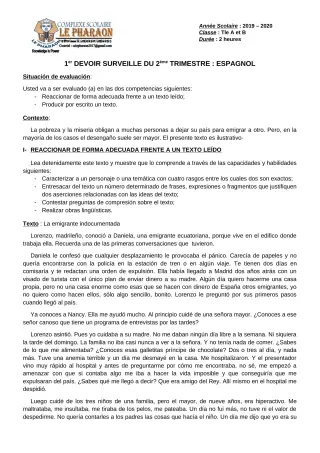 Première page de Espagnol Tle A, Tle B — 1er devoir surveillé, 2e trimestre (2019-2020) · CPEG LE PHARAON