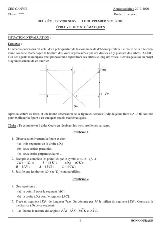 Première page de Mathématiques 6e — 2e devoir surveillé, 1er semestre (2019-2020) · CEG Ganvié