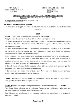 Première page de SVT 5e — 2e devoir surveillé, 1er semestre (2019-2020) · CEG du Lac