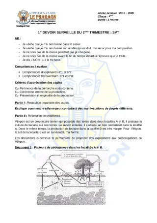 Première page de SVT 4e, 4e ML — 1er devoir surveillé, 2e trimestre (2019-2020) · CPEG LE PHARAON
