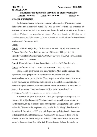 Première page de Français 1ère A & B, 1ère D — 2e devoir surveillé, 1er semestre (2019-2020) · CEG AYOU