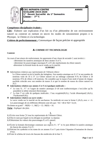Première page de PCT 2nde C — 1er devoir surveillé, 1er semestre (2019-2020) · CEG 1 Akpakpa-Centre