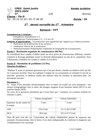 Première page de SVT 2nde A2, 2nde B, 2nde C, 2nde D, Tle D — Devoir surveillé (2023-2024) · CPEG SAINT Justin