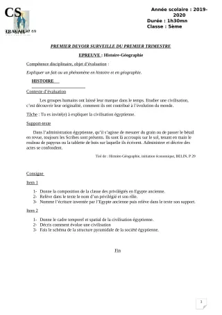 Première page de Histoire-Géographie 5e — 1er devoir surveillé, 1er trimestre (2019-2020) · CPEG ROSAIRE