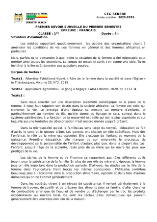 Première page de Français 1ère A2, 1ère D — 1er devoir surveillé, 1er semestre (2022-2023) · CEG SEKERE