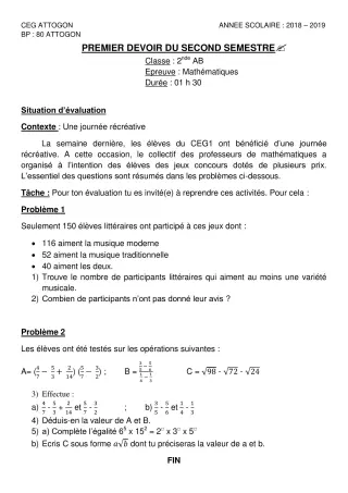 Première page de Mathématiques 2nde A & B — 1er devoir surveillé, 2e semestre (2018-2019) · CEG Attogon