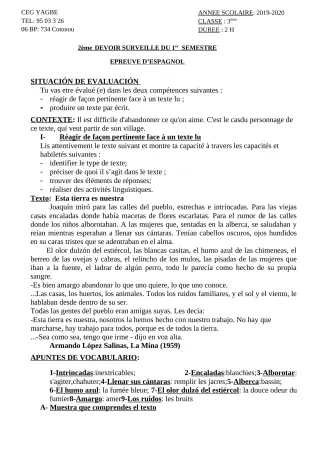Première page de Espagnol 3e ML — 2e devoir surveillé, 1er semestre (2019-2020) · CEG Yagbe