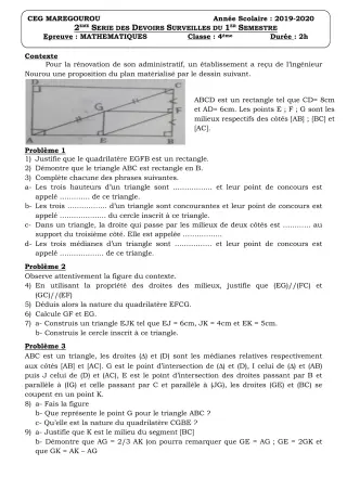 Première page de Mathématiques 4e ML&MC — 2e devoir surveillé, 1er semestre (2019-2020) · CEG MAREGOUROU
