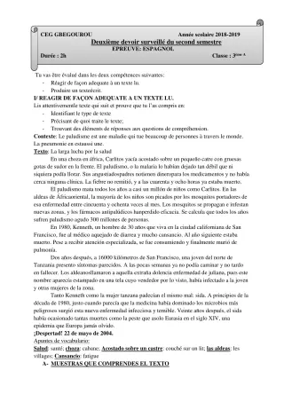 Première page de Espagnol 3e ML — 2e devoir surveillé, 2e semestre (2018-2019) · CEG Gbegourou