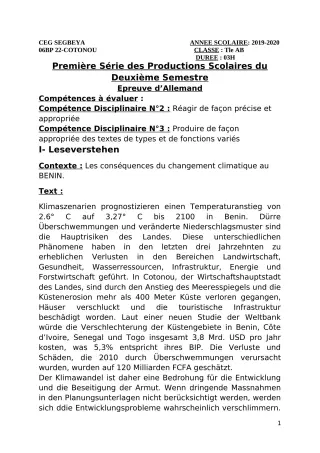 Première page de Allemand Tle A1, Tle A2, Tle B — 1re production scolaire, 2e semestre (2019-2020) · CEG SEGBEYA