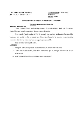Première page de Français 6e, 5e, 4e, 4e ML, 3e, 3e ML — 2e devoir surveillé, 1er trimestre (2021-2022) · CEPG La Prunelle de Dieu