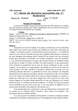 Première page de Français Tle A1, Tle A2, Tle D — 1er devoir surveillé, 1er semestre (2018-2019) · CEG Lissazounmè