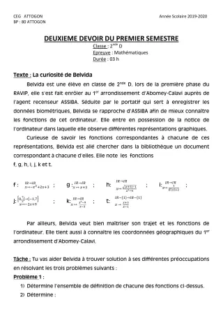 Première page de Mathématiques 2nde D — 2e devoir surveillé, 1er semestre (2019-2020) · CEG Attogon