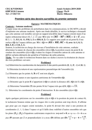 Première page de Mathématiques Tle D — 1er devoir surveillé, 1er semestre (2019-2020) · CEG Kouhounou-Vêdoko