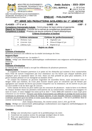 Première page de Philosophie 2nde A, 2nde C, 2nde D, 1ère A, 1ère C, 1ère D, Tle A1, Tle A2, Tle C, Tle D — 2e production scolaire, 1er semestre (2023-2024) · CEG1 Ikpinlè