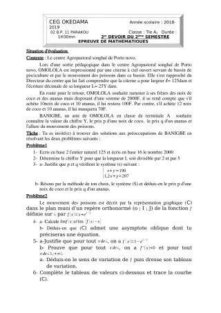 Première page de Mathématiques Tle A2 — Devoir surveillé, 2e semestre (2018-2019) · CEG OKEDAMA