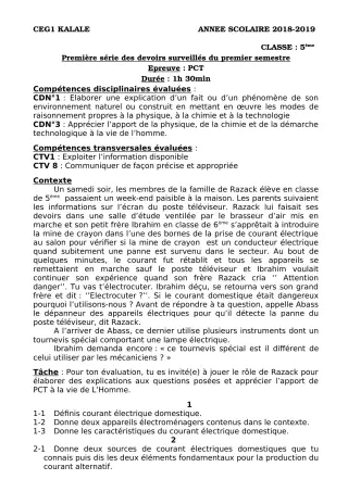 Première page de PCT 5e — 1er devoir surveillé, 1er semestre (2018-2019) · CEG1 Kalalé