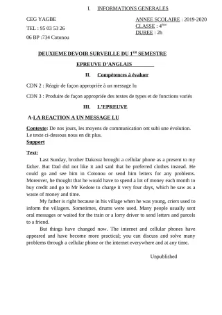 Première page de Anglais 4e, 4e ML — 2e devoir surveillé, 1er semestre (2019-2020) · CEG Yagbe