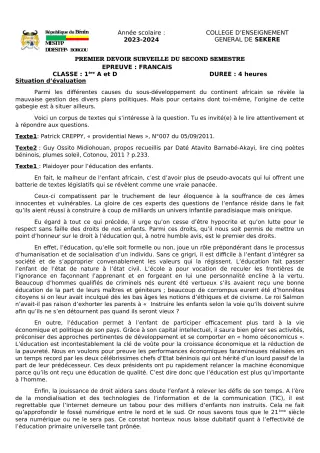 Première page de Français 1ère A2, 1ère D — 1er devoir surveillé, 2e semestre (2023-2024) · CEG SEKERE