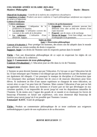 Première page de Devoir surveillé de PHILO — 2nde A2 — CEG SEKERE (2023)