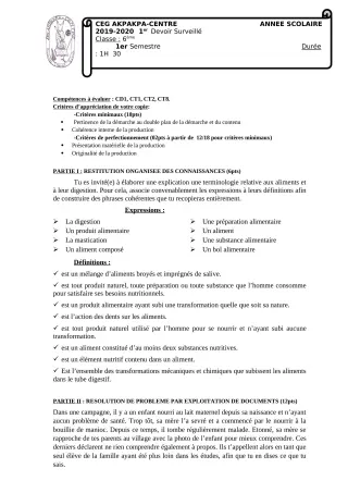 Première page de SVT 6e — 1er devoir surveillé, 1er semestre (2019-2020) · CEG 1 Akpakpa-Centre