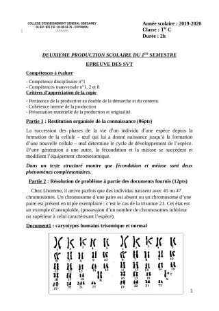 Première page de SVT Tle C — 2e production scolaire, 1er semestre (2019-2020) · CEG GBEGAMEY