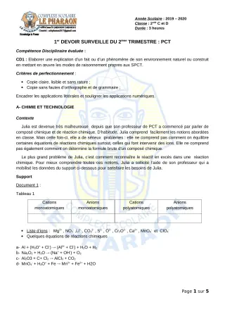 Première page de PCT 2nde C, 2nde D — 1er devoir surveillé, 2e trimestre (2019-2020) · CPEG LE PHARAON