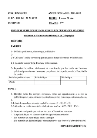 Première page de Histoire-Géographie 6e — 1er devoir surveillé, 1er semestre (2021-2022) · CEG LE NOKOUE