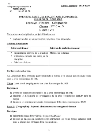 Première page de Histoire-Géographie 1ère C, 1ère D — 1re évaluation sommative, 1er semestre (2019-2020) · CEG1 Abomey-Calavi