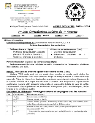 Première page de SVT Tle A & B — 1re production scolaire, 1er semestre (2023-2024) · CEG GOHO