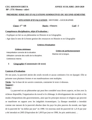 Première page de Histoire-Géographie 1ère A2, 1ère B — 1re évaluation sommative, 2e semestre (2019-2020) · CEG Ahossougbéta