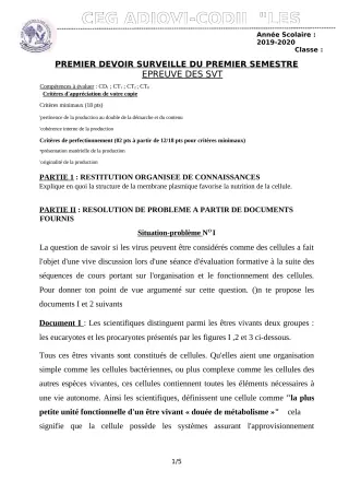 Première page de SVT 2nde D — 1er devoir surveillé, 1er semestre (2019-2020) · CEG ADJOVICODJI 'LES OLIVIERS'
