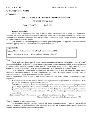 Première page de Français 2nde A1, 2nde A2, 2nde B, 2nde C, 2nde D — 2e devoir surveillé, 1er semestre (2022-2023) · CEG LE NOKOUE