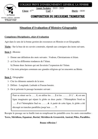 Première page de Histoire-Géographie 6e — Composition, 2e trimestre (2019-2020) · CPEG La Finesse