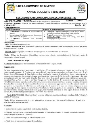 Première page de Philosophie Tle D — 2e devoir surveillé, 2e semestre (2023-2024) · CEG SEKERE