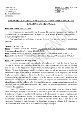 Première page de Français Tle A1, Tle A2, Tle B, Tle C, Tle D — 1er devoir surveillé, 2e semestre (2020-2021) · CEG FIYEGNON