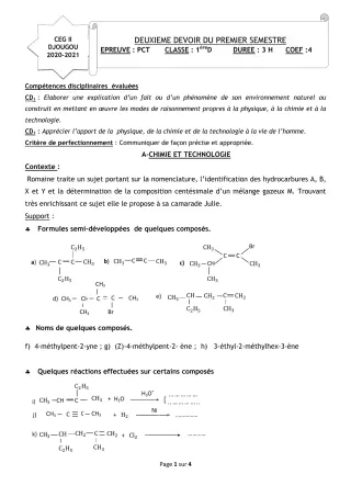 Première page de PCT 1ère D — Composition, 1er semestre (2020-2021) · CEG 2 Djougou