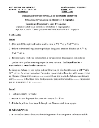 Première page de Histoire-Géographie 5e — 2e devoir surveillé, 2e semestre (2020-2021) · CEG Kouhounou-Vêdoko