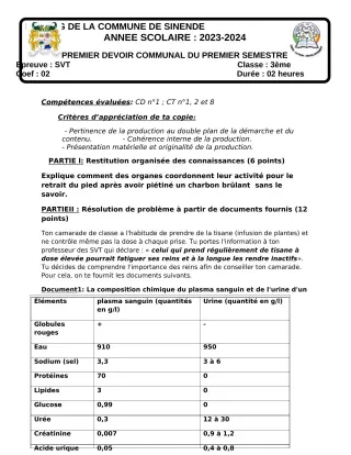 Première page de SVT 3e — Composition, 1er semestre (2023-2024) · CEG SEKERE