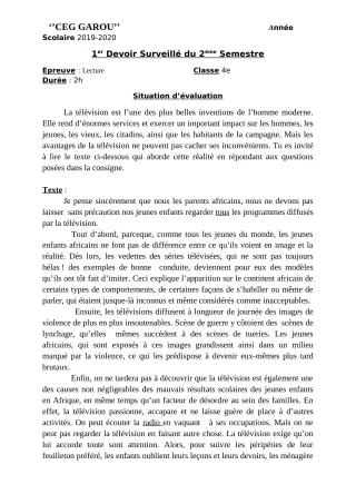 Première page de Français 4e — 1er devoir surveillé, 2e semestre (2019-2020) · CEG GAROU
