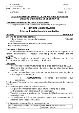 Première page de Histoire-Géographie 1ère C, 1ère D — 2e devoir surveillé, 1er semestre (2020-2021) · CEG du Lac