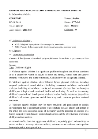 Première page de PCT 1ère C, 1ère D — 1re évaluation sommative, 1er semestre (2019-2020) · CEG Zinvié