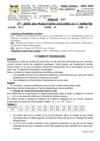 Première page de PCT Tle C — 2e production scolaire, 1er semestre (2023-2024) · CEG1 Ikpinlè
