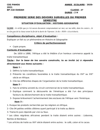 Première page de Histoire-Géographie 4e — 1er devoir surveillé, 1er semestre (2020-2021) · CEG PAHOU