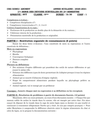 Première page de SVT 6e — 1er devoir surveillé, 2e semestre (2020-2021) · CEG GOHO