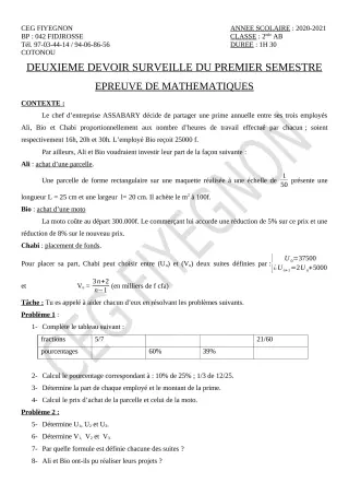 Première page de Mathématiques 2nde A2, 2nde B — 2e devoir surveillé, 1er semestre (2020-2021) · CEG FIYEGNON