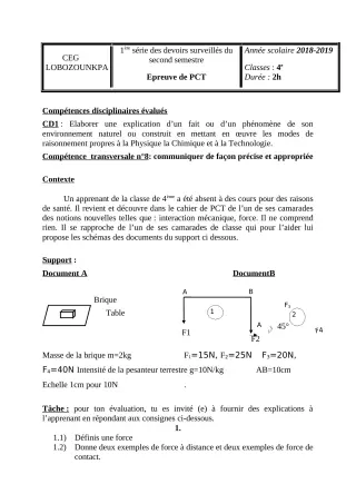 Première page de PCT 4e — 1er devoir surveillé, 2e semestre (2018-2019) · CEG Lobozounkpa