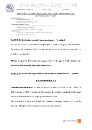 Première page de SVT Tle D — 1er devoir surveillé, 2e semestre (2019-2020) · CEG ADJOVICODJI 'LES OLIVIERS'