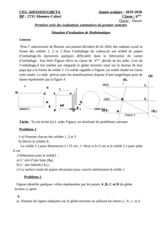 Première page de Mathématiques 6e — 1re évaluation sommative, 1er semestre (2019-2020) · CEG Ahossougbéta