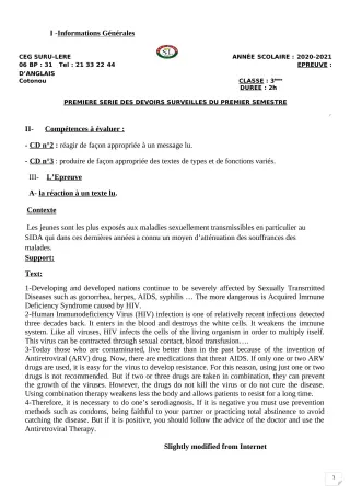 Première page de Français 3e, 3e ML — 1er devoir surveillé, 1er semestre (2020-2021) · CEG SURU-LERE